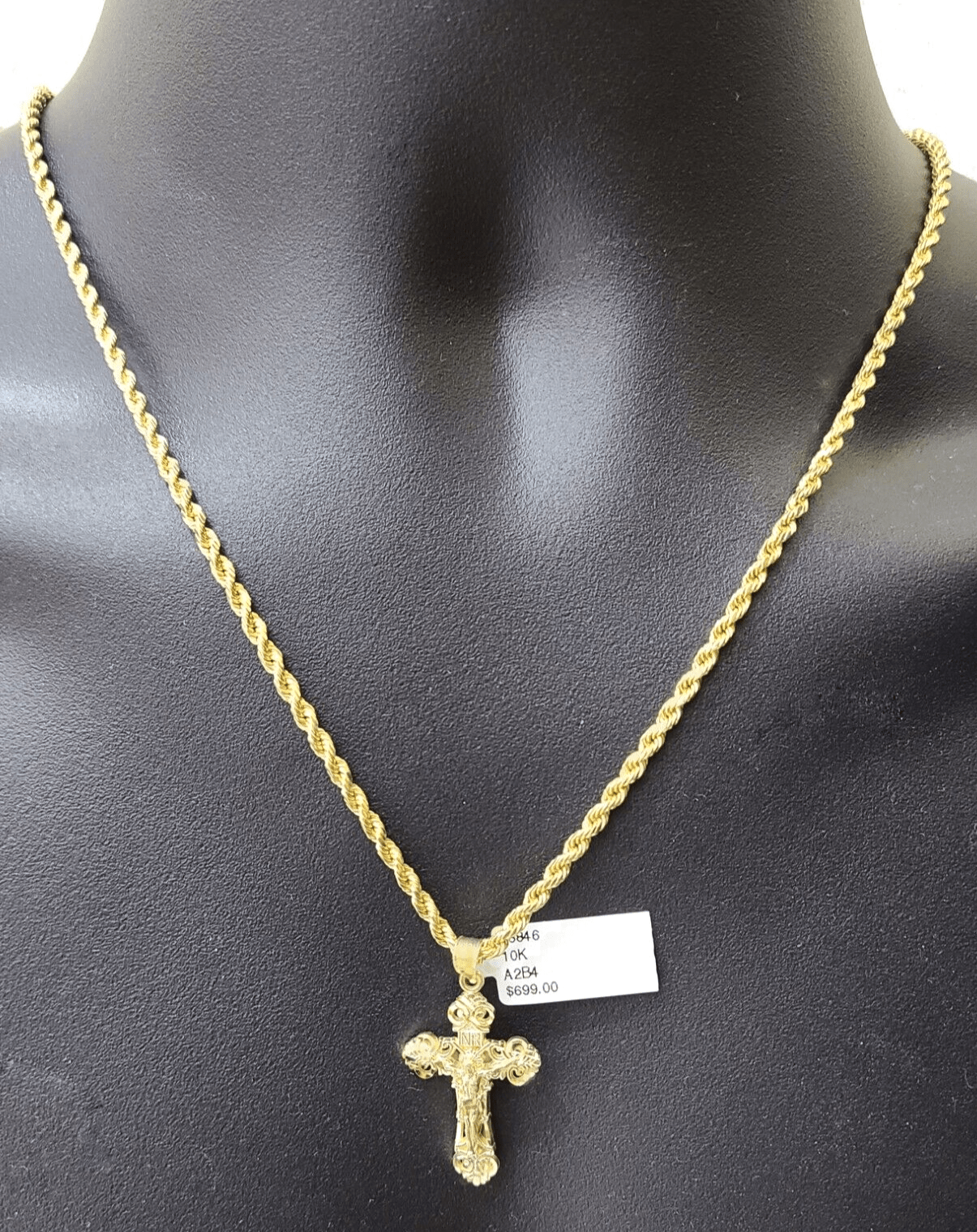 Real 10k Yellow Gold Jesus Cross Charm Rope Chain Necklace 3mm 26'' Pendant 10kt - GoldenlinQ