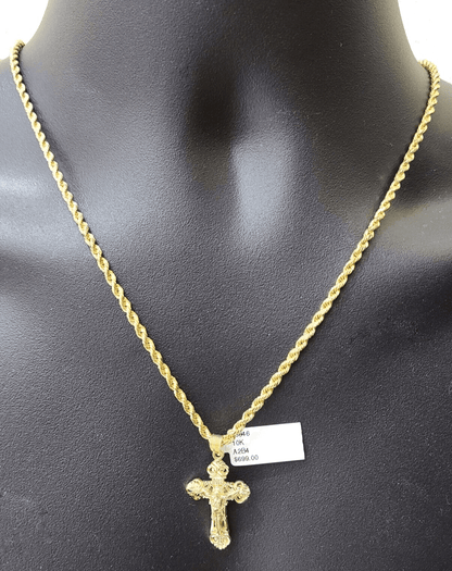 Real 10k Yellow Gold Jesus Cross Charm Rope Chain Necklace 3mm 26'' Pendant 10kt - GoldenlinQ