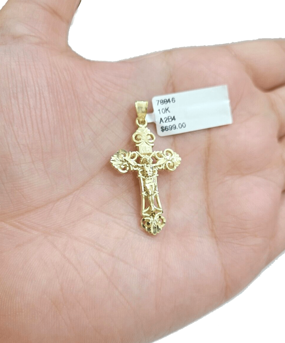 Real 10k Yellow Gold Jesus Cross Charm Rope Chain Necklace 3mm 28'' Pendant 10kt - GoldenlinQ