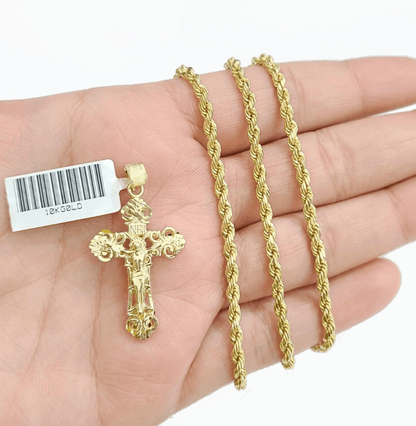 Real 10k Yellow Gold Jesus Cross Charm Rope Chain Necklace 3mm 28'' Pendant 10kt - GoldenlinQ