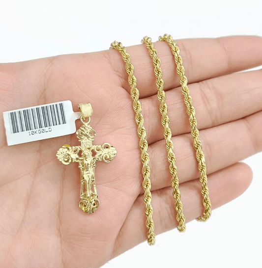 Real 10k Yellow Gold Jesus Cross Charm Rope Chain Necklace 3mm 28'' Pendant 10kt - GoldenlinQ
