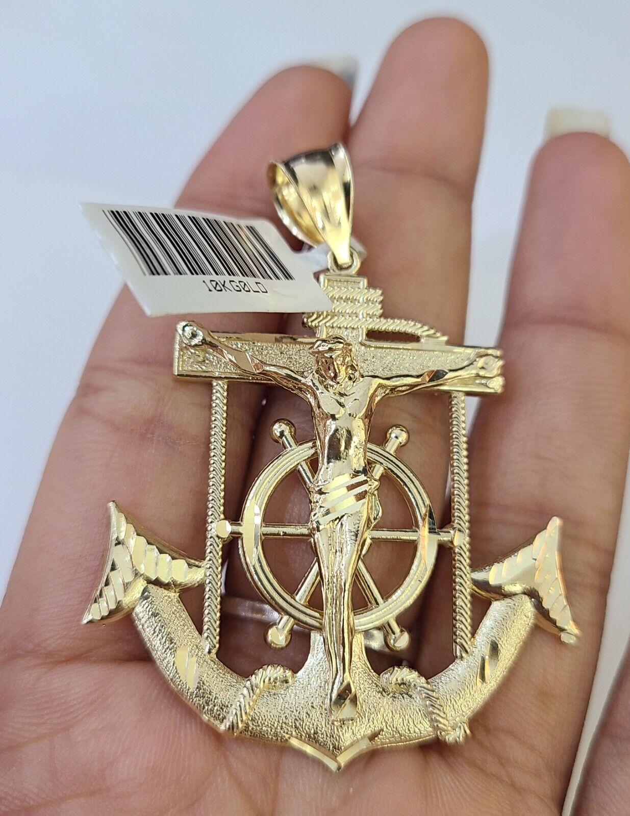 Real 10k Yellow Gold Jesus Crucifix Anchor Pendant 2.5 inches Charm - Reva Jeweler