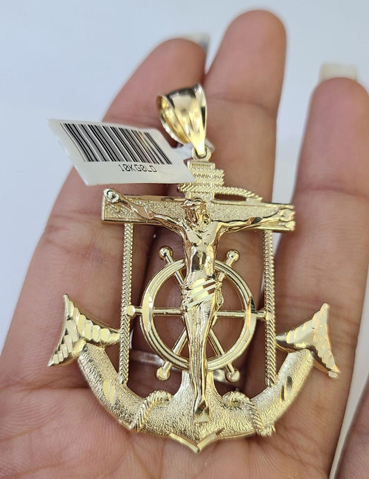 Real 10k Yellow Gold Jesus Crucifix Anchor Pendant 2.5 inches Charm - Reva Jeweler