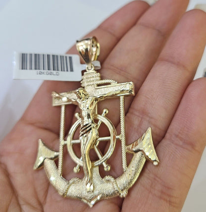 Real 10k Yellow Gold Jesus Crucifix Anchor Pendant 2.5 inches Charm - Reva Jeweler