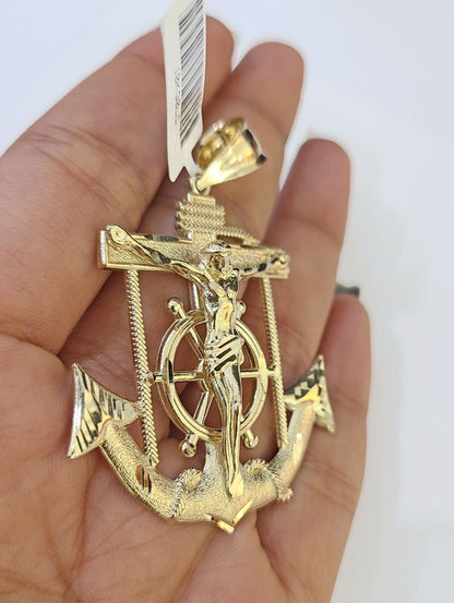 Real 10k Yellow Gold Jesus Crucifix Anchor Pendant 2.5 inches Charm - Reva Jeweler