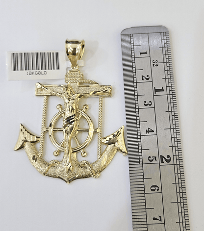 Real 10k Yellow Gold Jesus Crucifix Anchor Pendant 2.5 inches Charm - Reva Jeweler