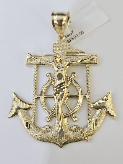 Real 10k Yellow Gold Jesus Crucifix Anchor Pendant 2.5 inches Charm - Reva Jeweler