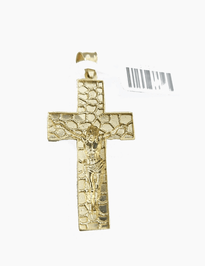 Real 10k Yellow Gold Jesus Crucifix Nugget Cross Charm Pendant 1.8'' inches 10kt - GoldenlinQ