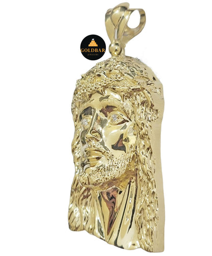 Real 10k Yellow Gold Jesus Head Charm Pendant For Men's 3" Inch For Chain, 10KT - GoldenlinQ