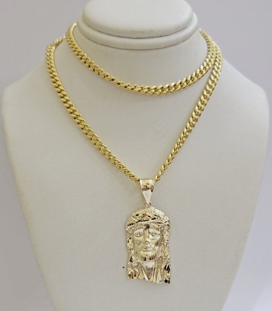 Real 10k Yellow Gold Jesus Head Charm Pendant & Miami Cuban Link Chain Necklace - Reva Jeweler