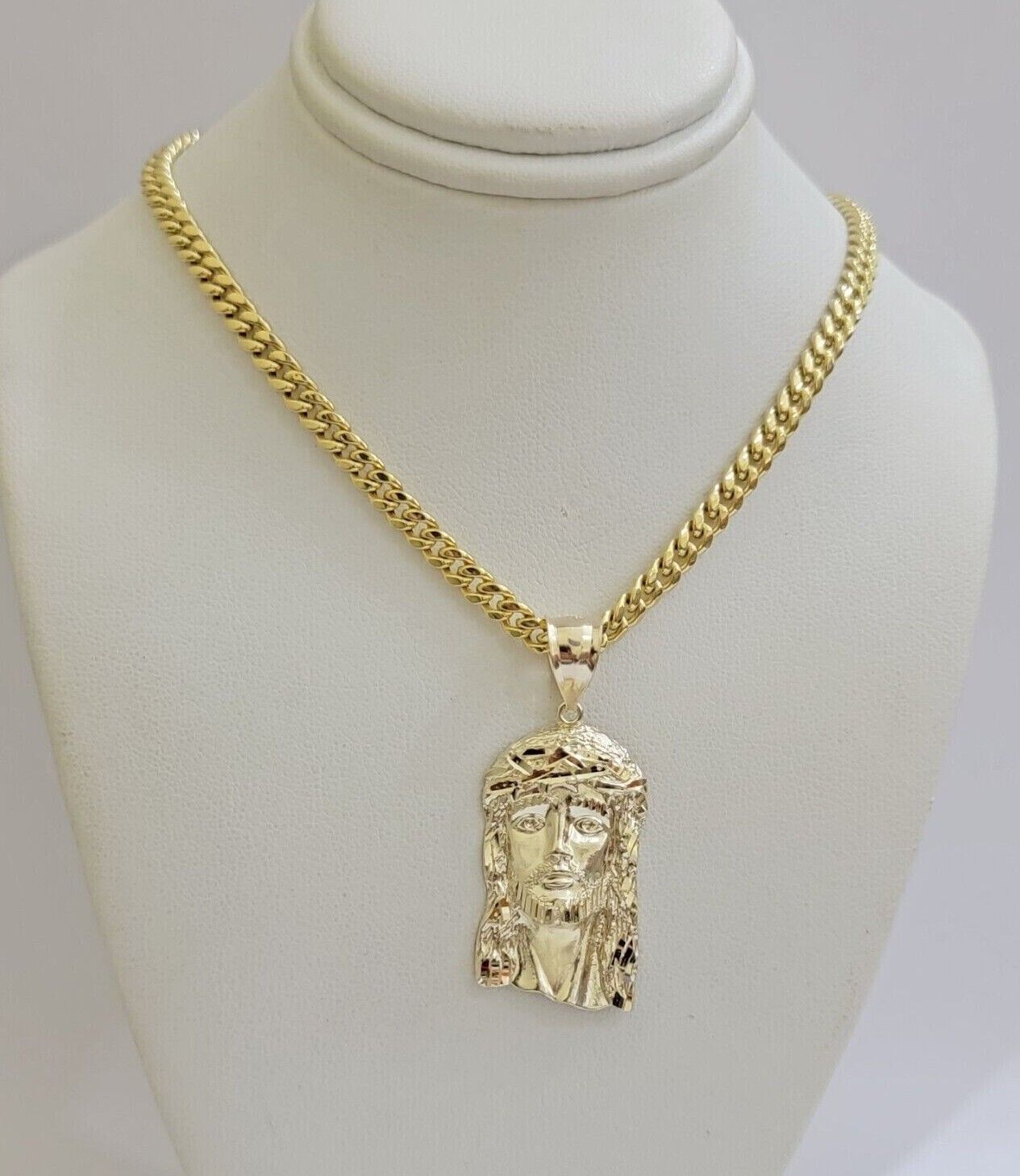 Real 10k Yellow Gold Jesus Head Charm Pendant & Miami Cuban Link Chain Necklace - Reva Jeweler