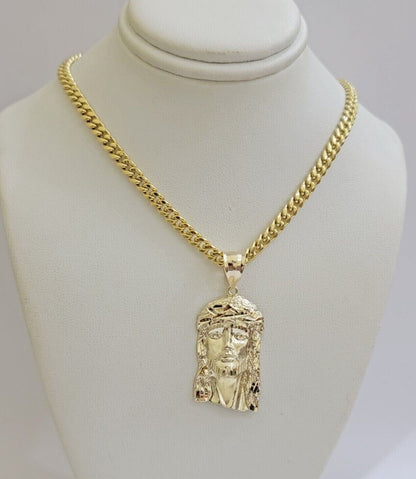 Real 10k Yellow Gold Jesus Head Charm Pendant & Miami Cuban Link Chain Necklace - Reva Jeweler