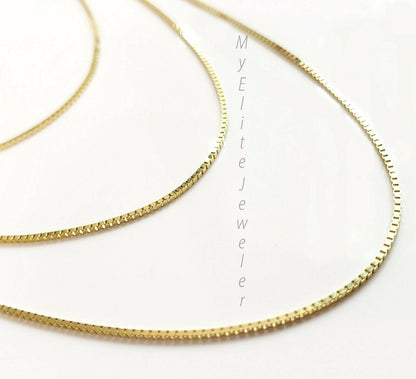 Real 10k Yellow Gold Ladies Chain Box Necklace Pendant 16" 18" 20 Inch 0.8mm - Reva Jeweler