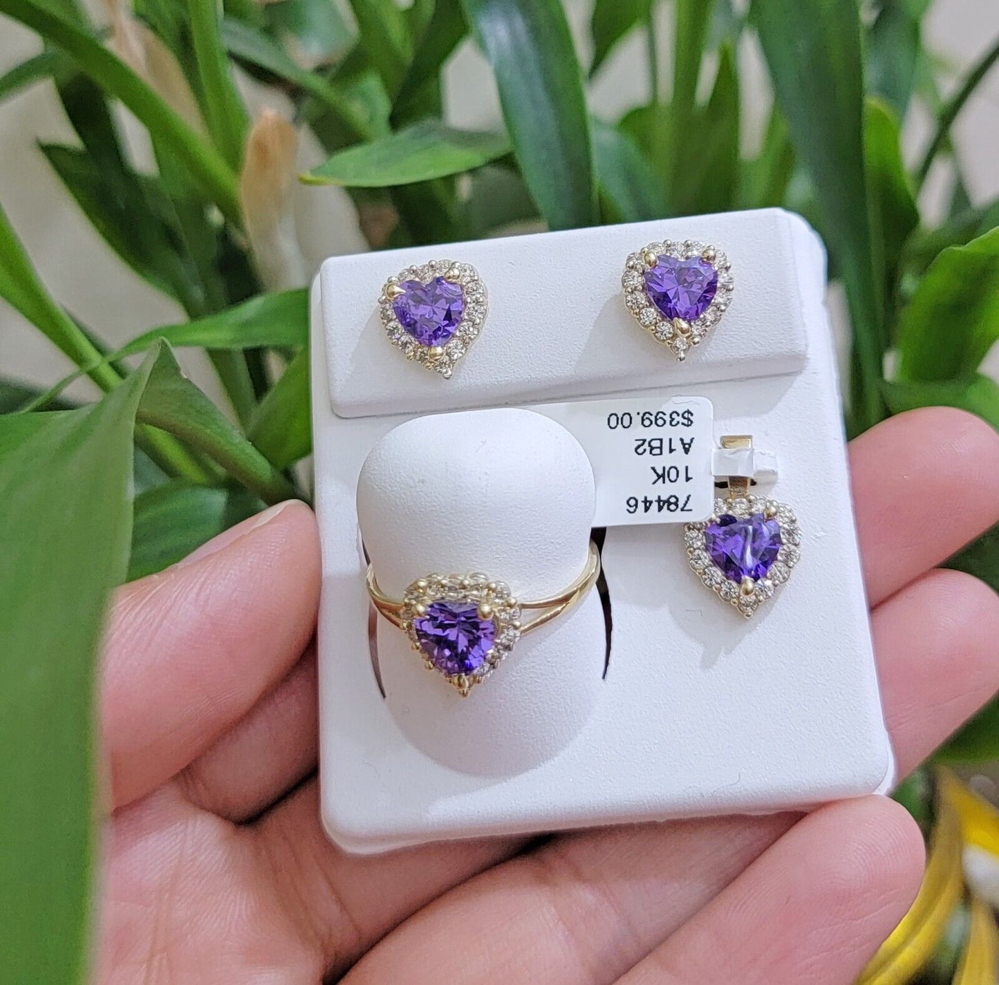 Real 10k Yellow Gold Ladies earring ring and pendant Purple heart Amethyst set - Reva Jeweler