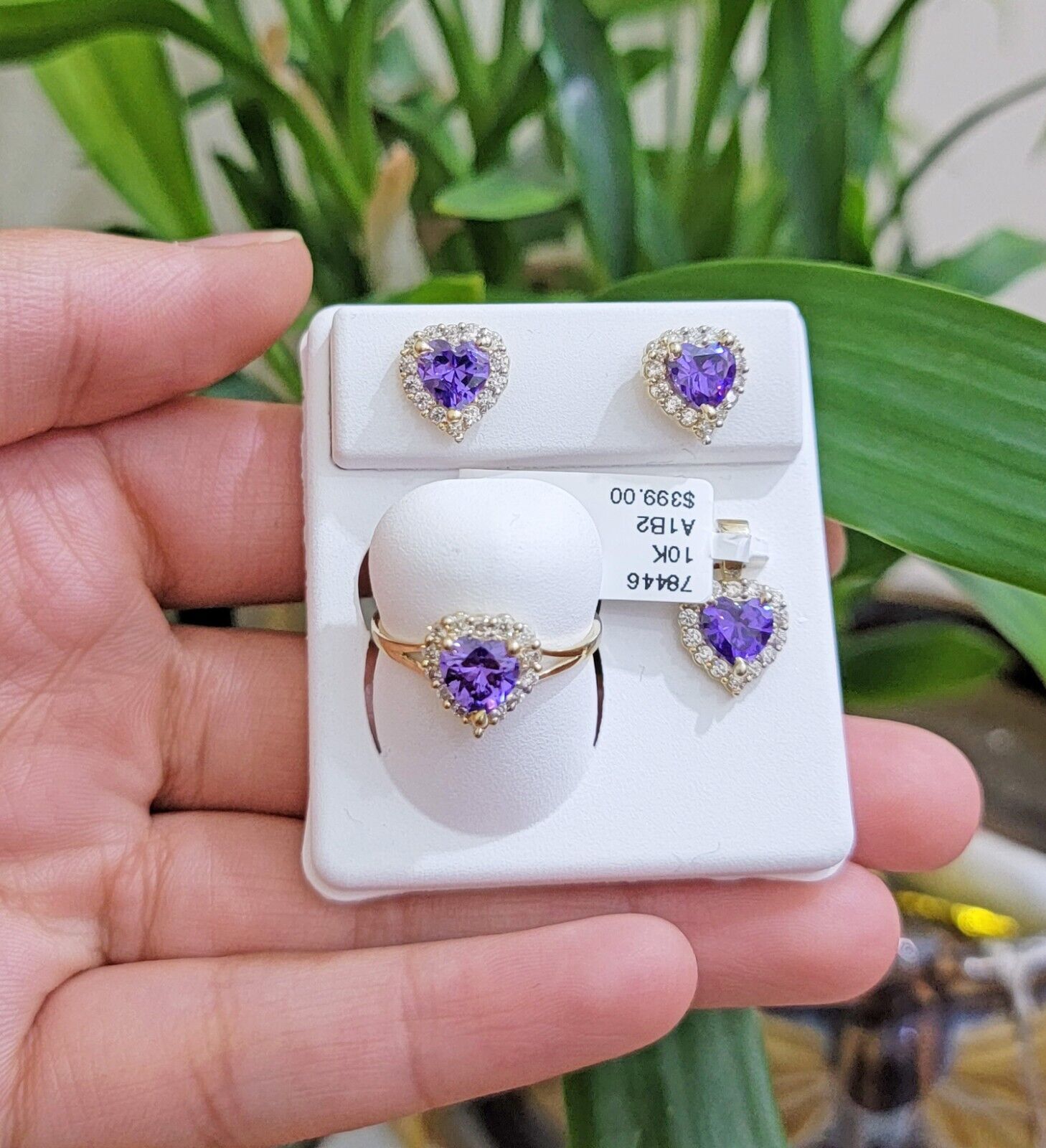 Real 10k Yellow Gold Ladies earring ring and pendant Purple heart Amethyst set - Reva Jeweler