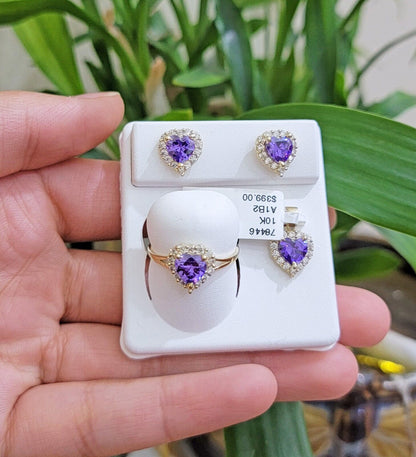 Real 10k Yellow Gold Ladies earring ring and pendant Purple heart Amethyst set - Reva Jeweler