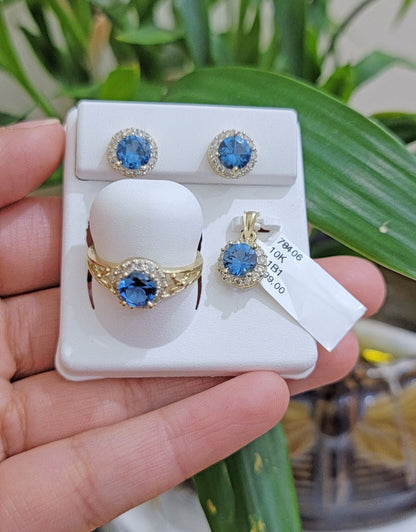 Real 10k Yellow Gold Ladies earring ring & pendant Blue heart Sapphire set ,10KT - Reva Jeweler