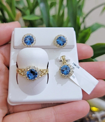 Real 10k Yellow Gold Ladies earring ring & pendant Blue heart Sapphire set ,10KT - Reva Jeweler