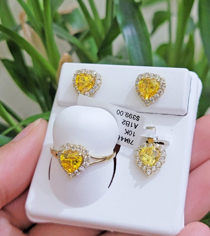 Real 10k Yellow Gold Ladies earring ring & pendant Yellow heart Citrine set 10KT - Reva Jeweler