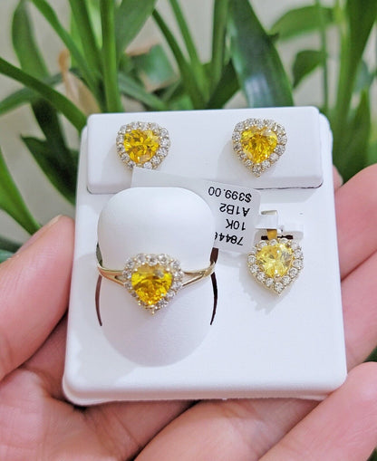 Real 10k Yellow Gold Ladies earring ring & pendant Yellow heart Citrine set 10KT - Reva Jeweler