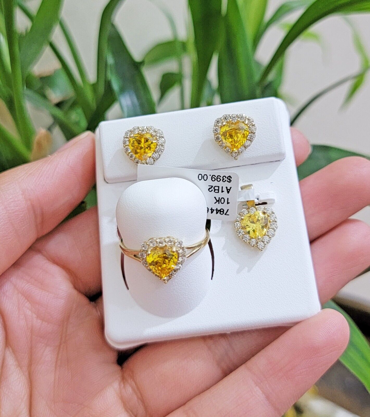 Real 10k Yellow Gold Ladies earring ring & pendant Yellow heart Citrine set 10KT - Reva Jeweler