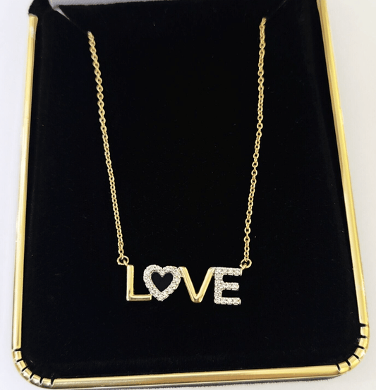 Real 10k Yellow Gold LOVE Diamond Pendant Chain Necklace Set Women - Reva Jeweler
