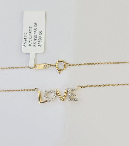 Real 10k Yellow Gold LOVE Diamond Pendant Chain Necklace Set Women - Reva Jeweler