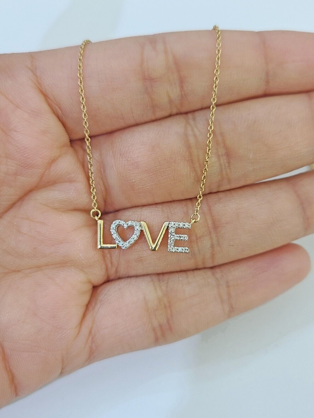 Real 10k Yellow Gold LOVE Diamond Pendant Chain Necklace Set Women - Reva Jeweler
