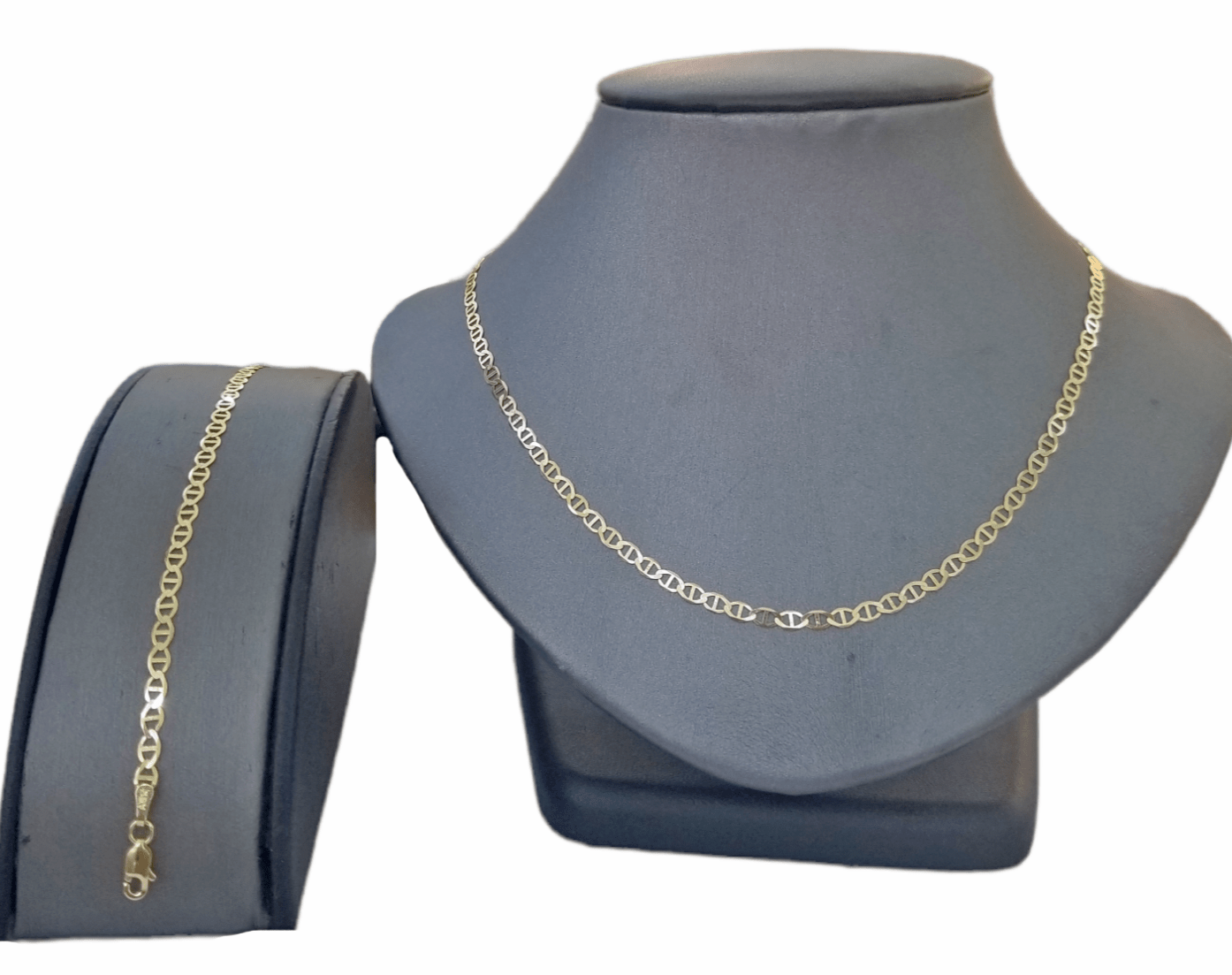 Real 10k Yellow Gold Mariner Anchor Link Necklace Bracelet Set 3mm Chain - Reva Jeweler