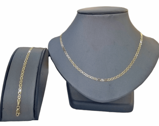 Real 10k Yellow Gold Mariner Anchor Link Necklace Bracelet Set 3mm Chain - Reva Jeweler