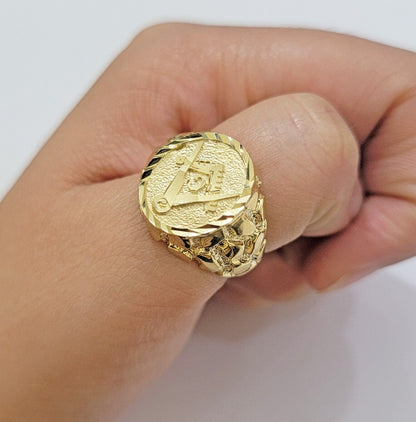 Real 10k Yellow Gold Masonic Ring Mens Nugget Band Round Shape Pinky Casual Ring - Reva Jeweler