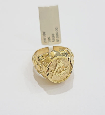 Real 10k Yellow Gold Masonic Ring Mens Nugget Band Round Shape Pinky Casual Ring - Reva Jeweler