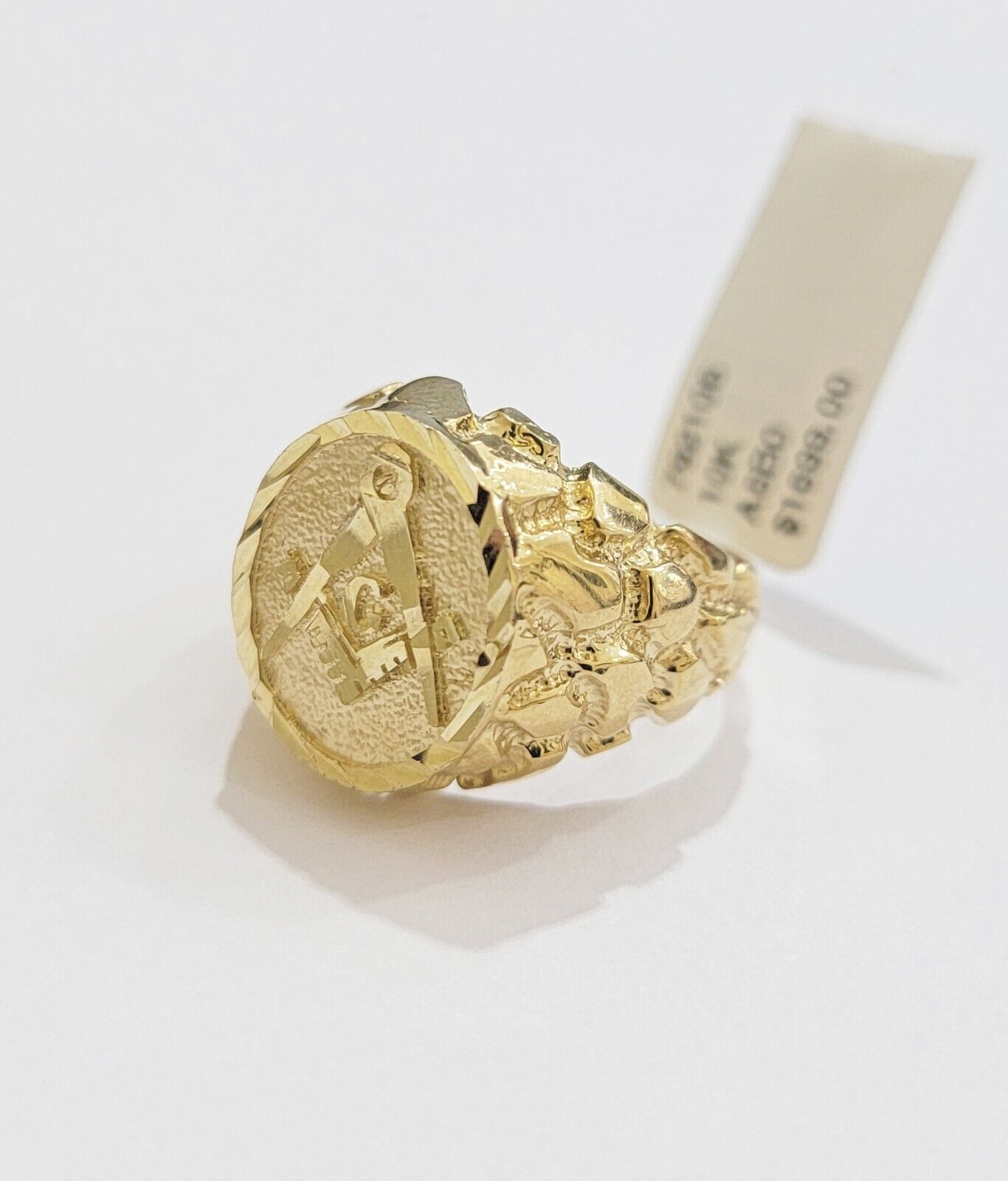 Real 10k Yellow Gold Masonic Ring Mens Nugget Band Round Shape Pinky Casual Ring - Reva Jeweler