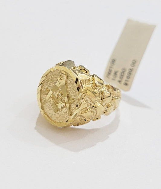 Real 10k Yellow Gold Masonic Ring Mens Nugget Band Round Shape Pinky Casual Ring - Reva Jeweler