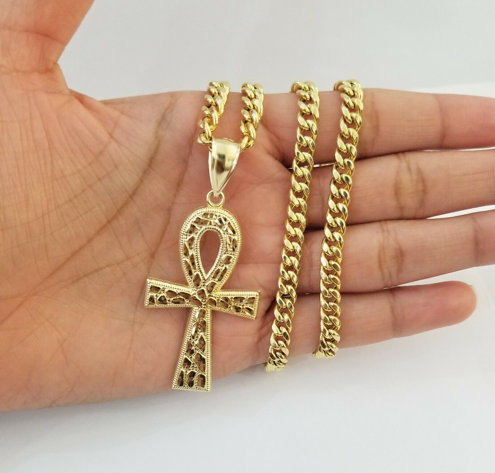 Real 10k Yellow Gold Men Ankh Cross Charm 20" Inch 6mm Miami Cuban Chain - Reva Jeweler