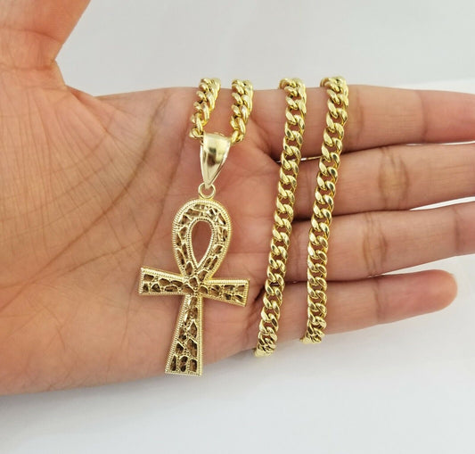 Real 10k Yellow Gold Men Ankh Cross Charm 20" Inch 6mm Miami Cuban Chain - Reva Jeweler