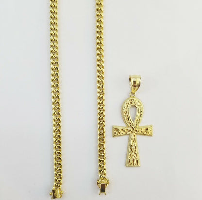 Real 10k Yellow Gold Men Ankh Cross Charm 20" Inch 6mm Miami Cuban Chain - Reva Jeweler