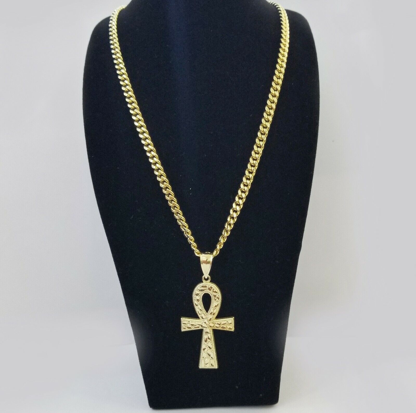 Real 10k Yellow Gold Men Ankh Cross Charm 20" Inch 6mm Miami Cuban Chain - Reva Jeweler