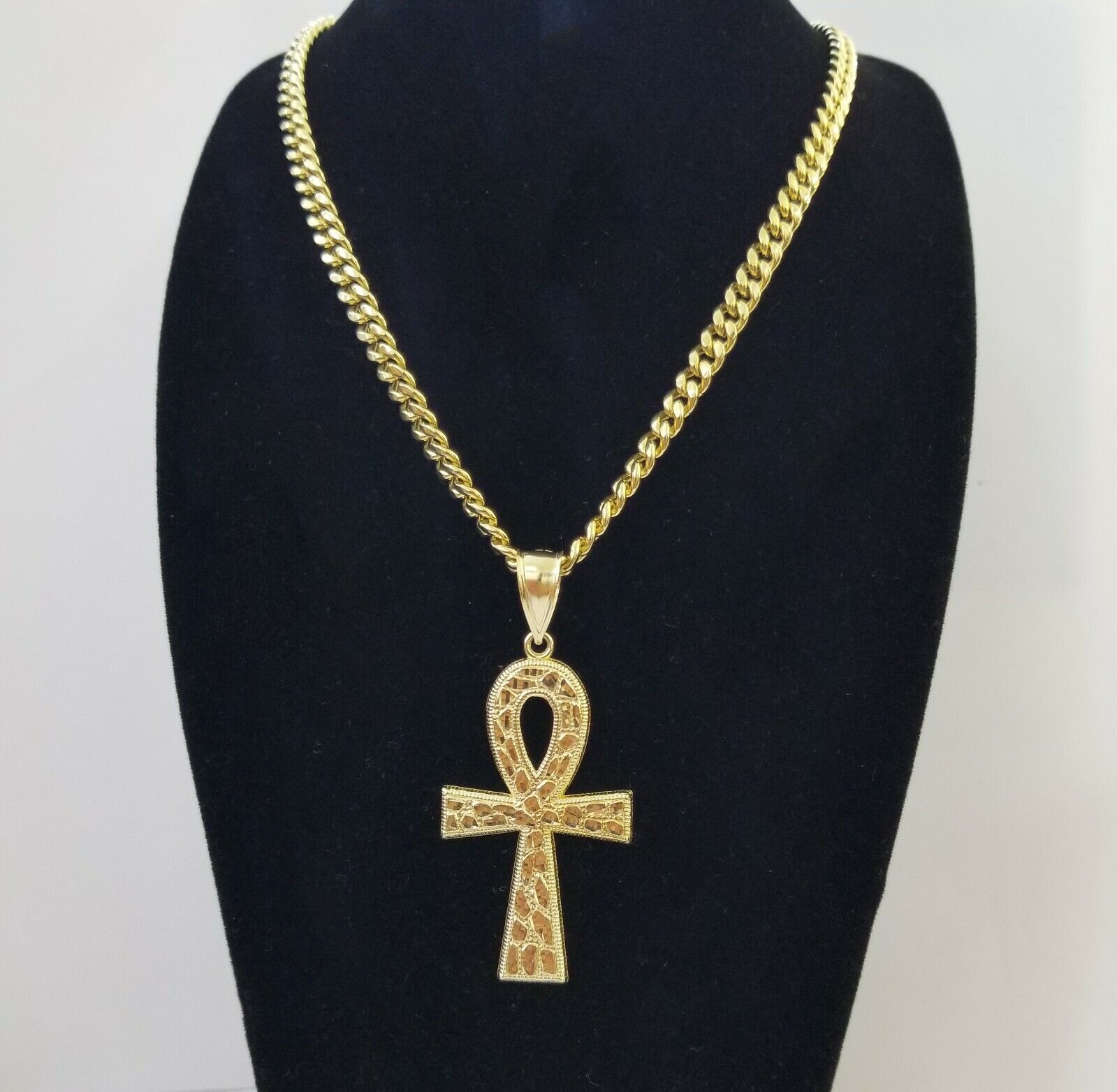 Real 10k Yellow Gold Men Ankh Cross Charm 20" Inch 6mm Miami Cuban Chain - Reva Jeweler