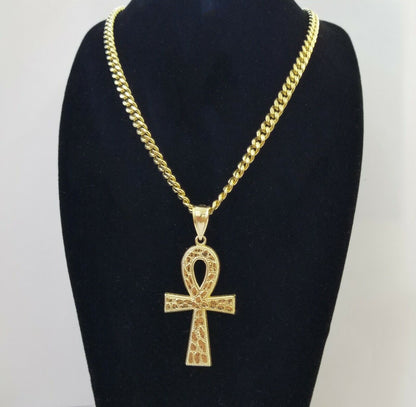 Real 10k Yellow Gold Men Ankh Cross Charm 20" Inch 6mm Miami Cuban Chain - Reva Jeweler