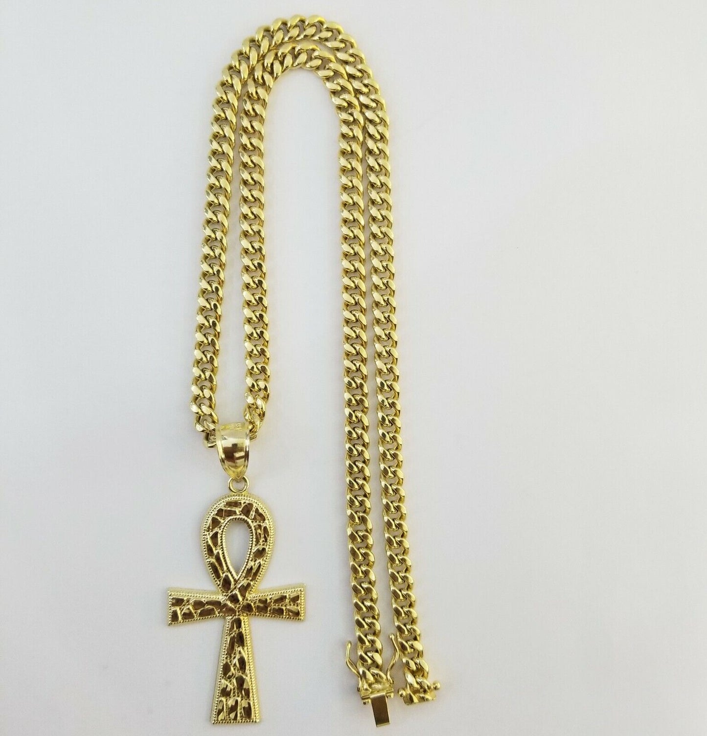 Real 10k Yellow Gold Men Ankh Cross Charm 20" Inch 6mm Miami Cuban Chain - Reva Jeweler