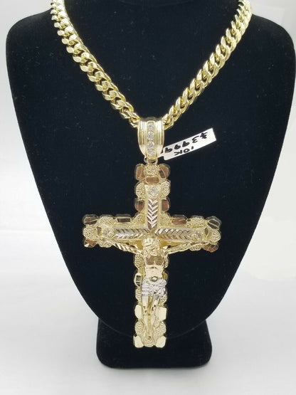 Real 10k Yellow Gold Men Jesus Cross Charm with Miami Cuban Chain Diamond Cut - Reva Jeweler