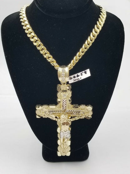 Real 10k Yellow Gold Men Jesus Cross Charm with Miami Cuban Chain Diamond Cut - Reva Jeweler