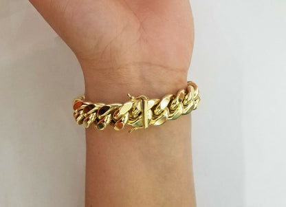 Real 10K Yellow Gold Miami Cuban Bracelet 9 Inch 15mm,box lock thick - Reva Jeweler