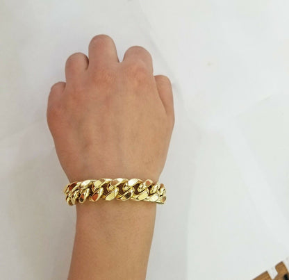 Real 10K Yellow Gold Miami Cuban Bracelet 9 Inch 15mm,box lock thick - Reva Jeweler