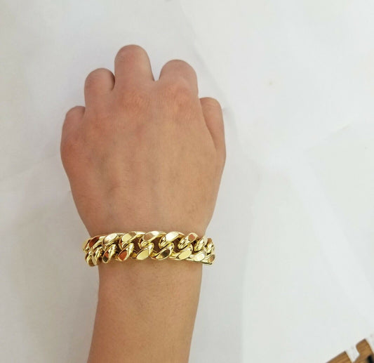 Real 10K Yellow Gold Miami Cuban Bracelet 9 Inch 15mm,box lock thick - Reva Jeweler