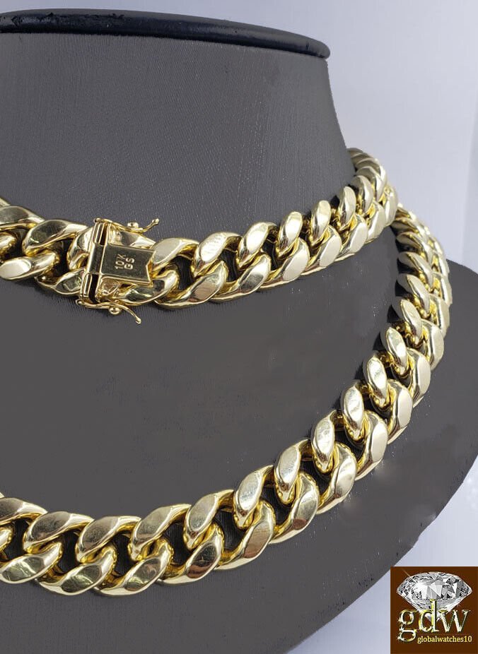 REAL 10k Yellow Gold Miami Cuban Chain 15mm 28" Inch Box lock men - Reva Jeweler
