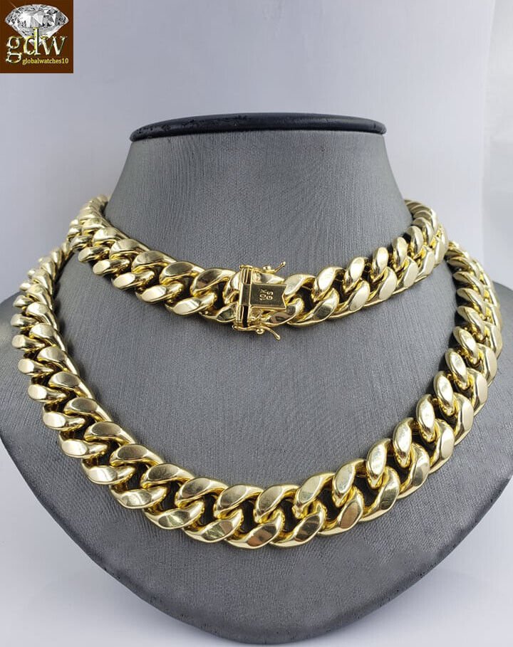 REAL 10k Yellow Gold Miami Cuban Chain 15mm 28" Inch Box lock men - Reva Jeweler