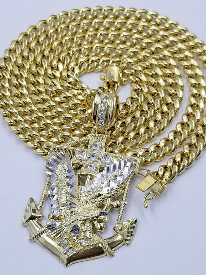 Real 10k Yellow Gold Miami Cuban Chain 24" American Eagle Anchor Charm Pendant - Reva Jeweler