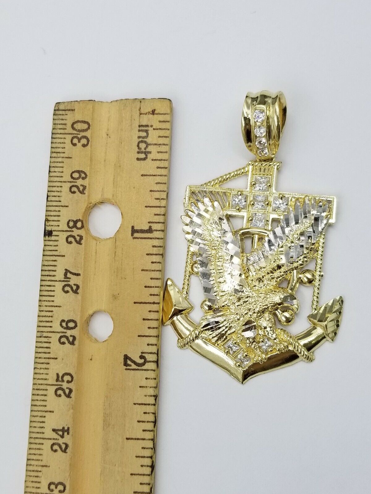 Real 10k Yellow Gold Miami Cuban Chain 24" American Eagle Anchor Charm Pendant - Reva Jeweler